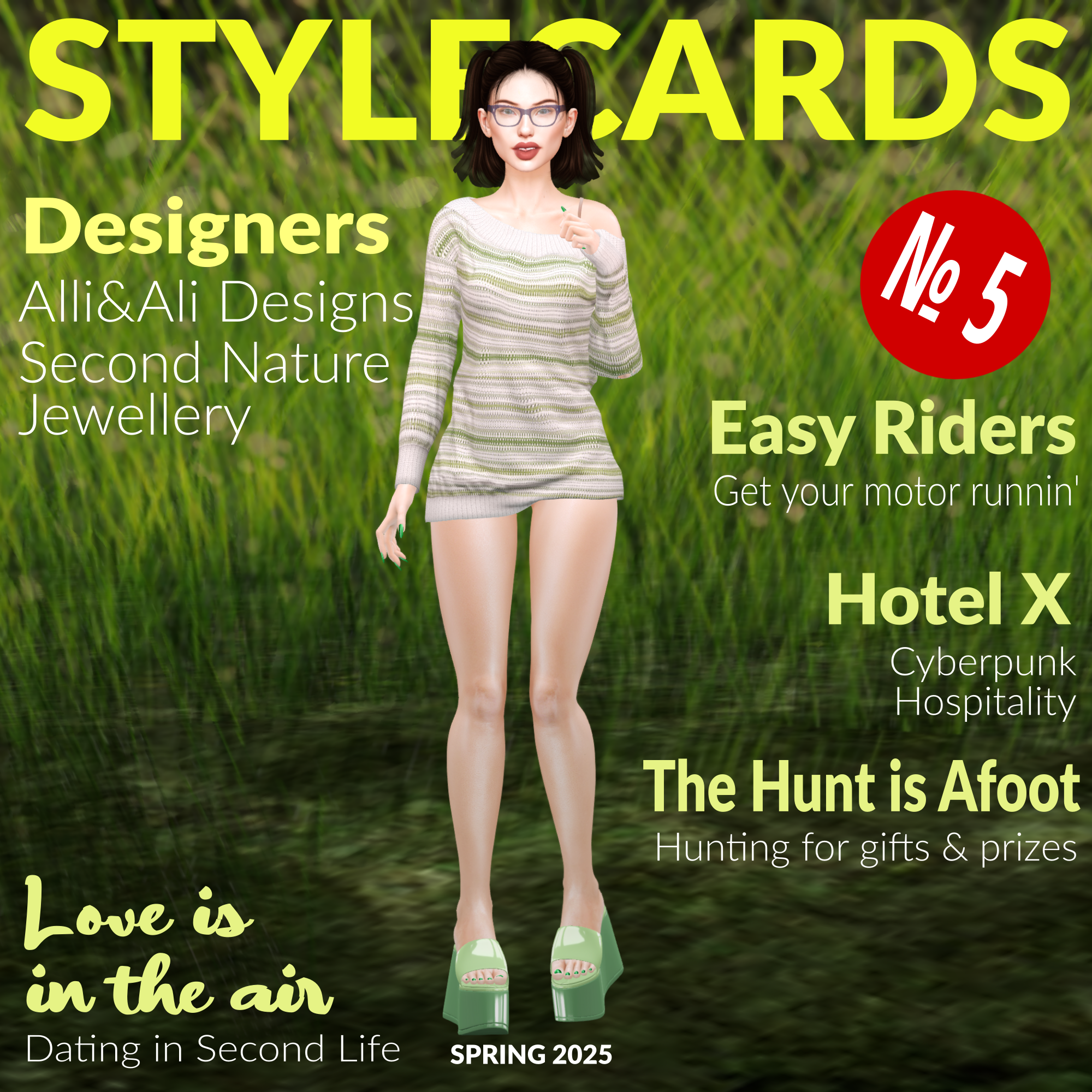 The front cover of Stylecards № 5 features Xinnia Amore wearing a green-and-white sweaterdress and green platform sandals while standing in a field of tall green grass.