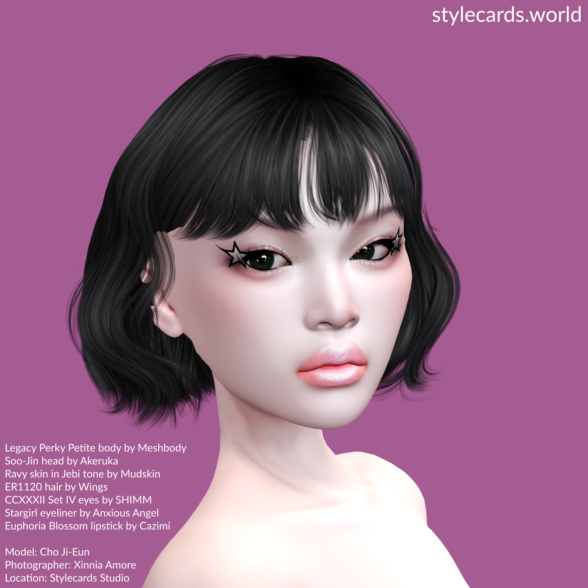 A headshot of Cho Ji-Eun standing in front of a purple backdrop. She has short black hair, pale pink lipstick, and eyeliner formed in the shape of a star at the outer corners of her eyes.