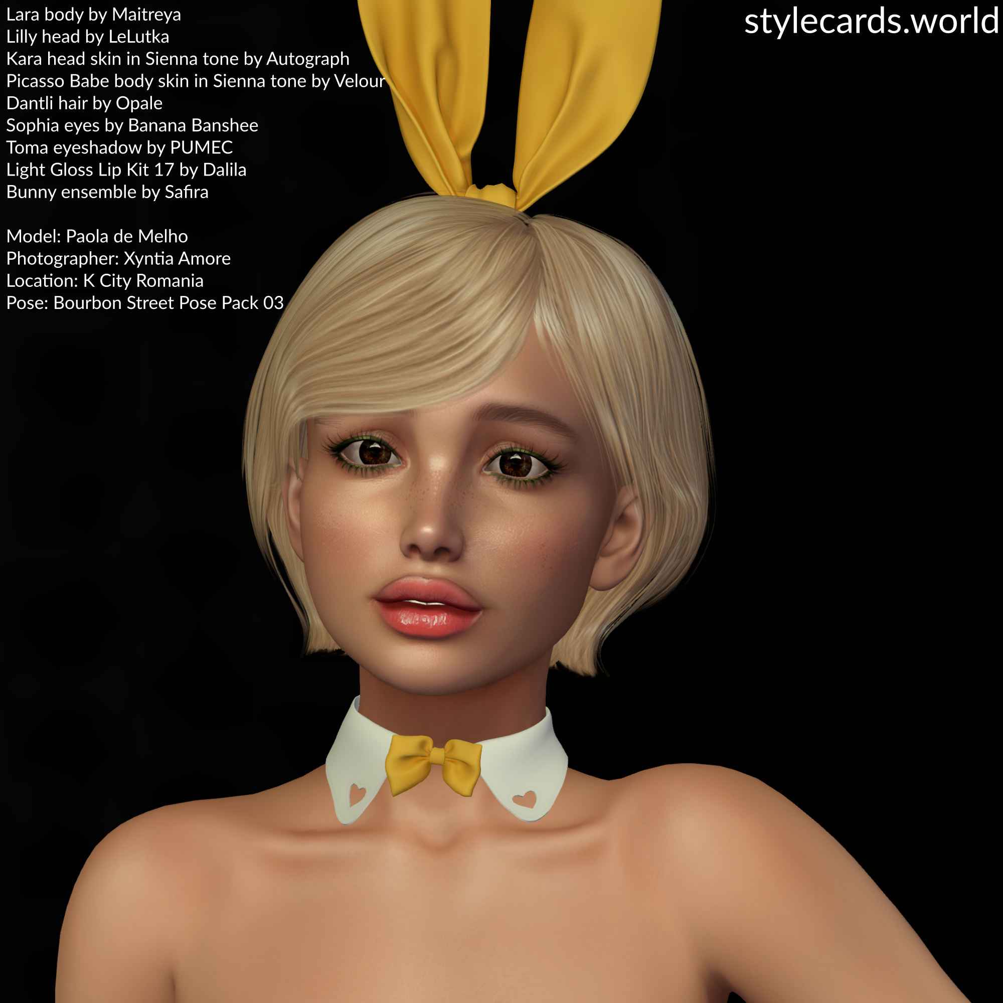 Striking a pose in front of a dark colored wall at K City Romania, Paola de Melho is wearing a yellow sexy bunny outfit.