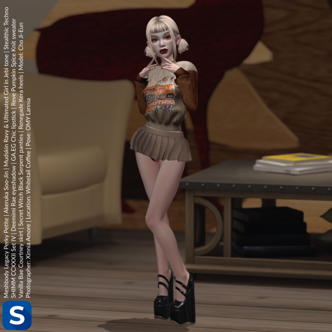 A full-length photo of model Cho Ji-Eun standing in a coffee shop. She is wearing a sweater which has the words 'Pumpkin Spice and Everything Nice' written upon it. She has a micromini pleated skirt that matches the sweater, and beneath the skirt we can see some black panties. She has black platform heels on her feet and blonde hair with pigtails on her head.