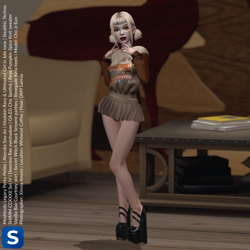 A full-length photo of model Cho Ji-Eun standing in a coffee shop. She is wearing a sweater which has the words 'Pumpkin Spice and Everything Nice' written upon it. She has a micromini pleated skirt that matches the sweater, and beneath the skirt we can see some black panties. She has black platform heels on her feet and blonde hair with pigtails on her head.