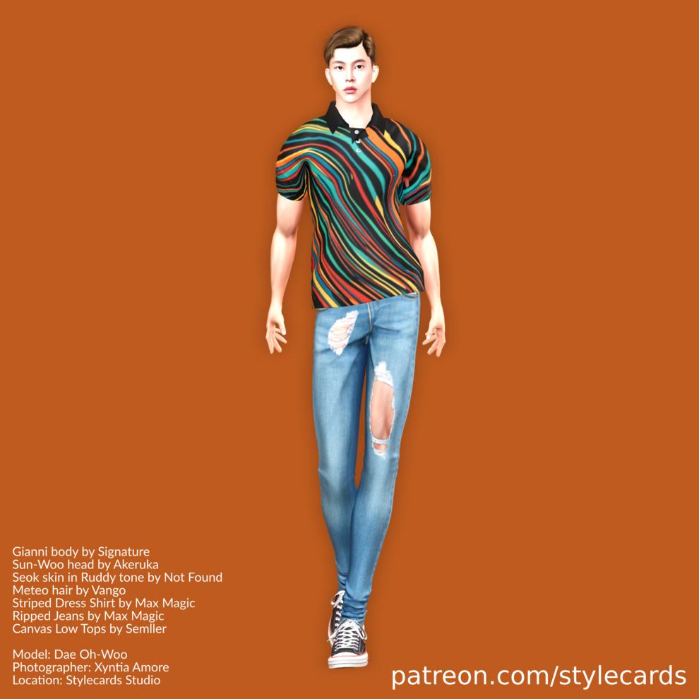 Dae Oh-Woo is wearing a black polo shirt with multicolor stripes along with some ripped and faded jeans, both from Max Magic. A pair of canvas low top sneakers finishes the look.