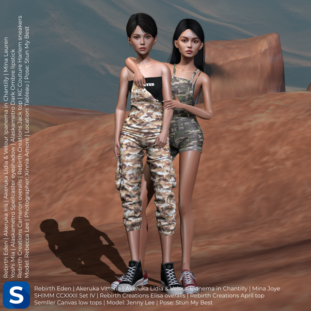 Models Rebecca and Jenny Lee pose on top of a boulder in New Mexico. On the left is Rebecca Lee wearing tan camo overalls and a black tube top. Her hair is straight and black, and she is wearing black canvas high tops. On the right, Jenny Lee poses with an arm wrapped around her mother's shoulder. She is wearing green camo short overalls on top of a dark green tank top. Her hair is straight and black, and she is wearing red canvas low top sneakers.