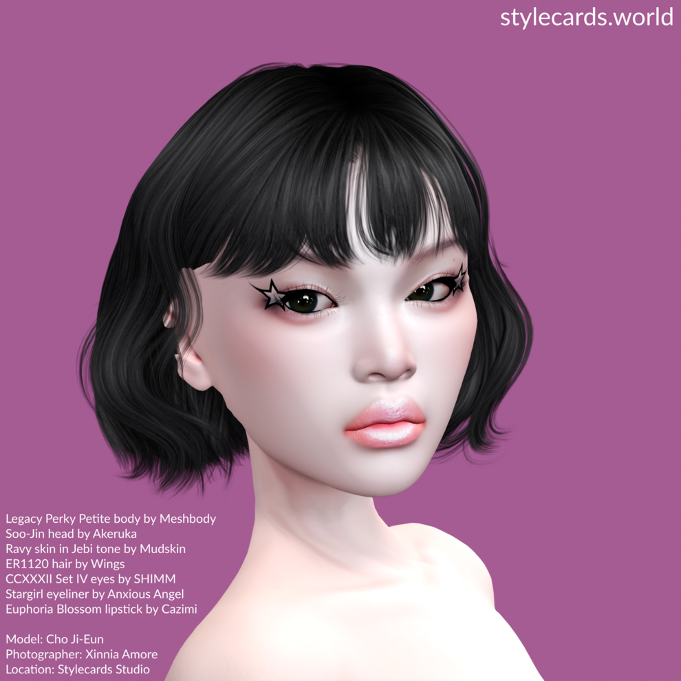 A headshot of Cho Ji-Eun standing in front of a purple backdrop. She has short black hair, pale pink lipstick, and eyeliner formed in the shape of a star at the outer corners of her eyes.