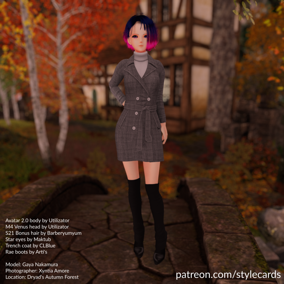 Artificial Idol Gaya Nakamura stands in the Second Life location of Dryad's Autumn Forest, where she is wearing a tweed trenchcoat from CL Blue and some knee high black boots by Arti's.