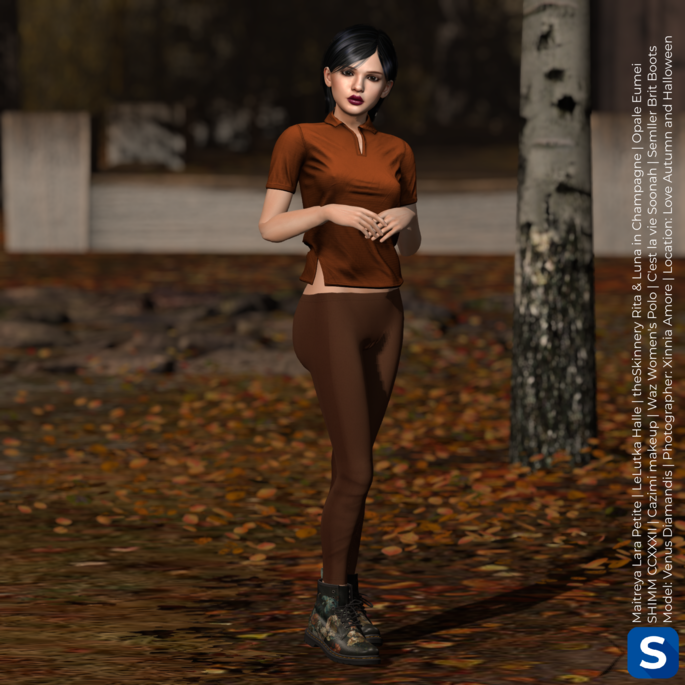 Model Venus Diamandis is standing in an autumnal forest with yellow and brown leaves scattered on the ground. She is wearing a dark orange polo short, some chocolate brown leggings, and black boots with flowers painted on them.