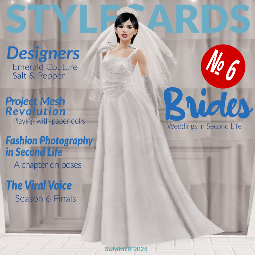 The front cover of Stylecards№ 6 features Venus Diamandis wearing a white wedding gown and veil while standing in front of white curtains against a white wall.