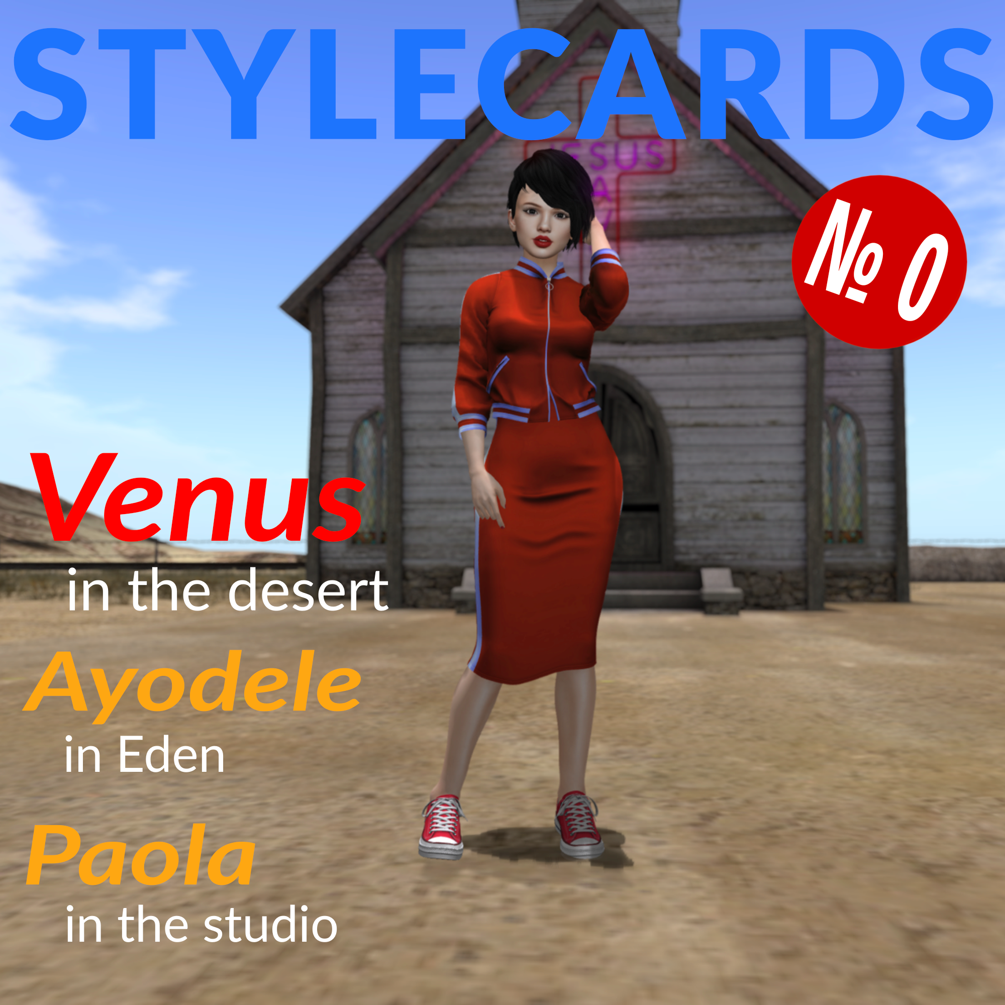 The cover of Stylecards № 0 features Venus Diamandis wearing a matching set of a jacket and skirt in red. In the background is a dilapidated church with a neon sign.
