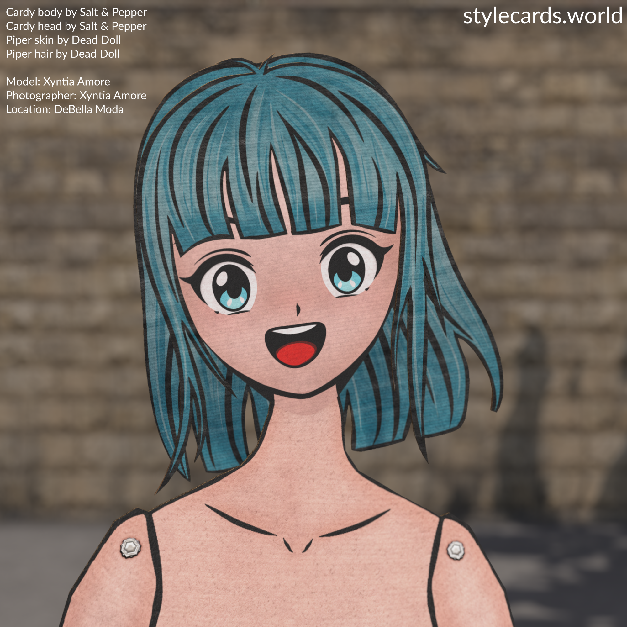 Kartoline Schrift Xyntia is modeling the new mesh body and head from Salt & Pepper. It appears as a 2D paper doll in a 3D space. In this case Xyntia is using a manga-inspored face and shoulder length blue hair.