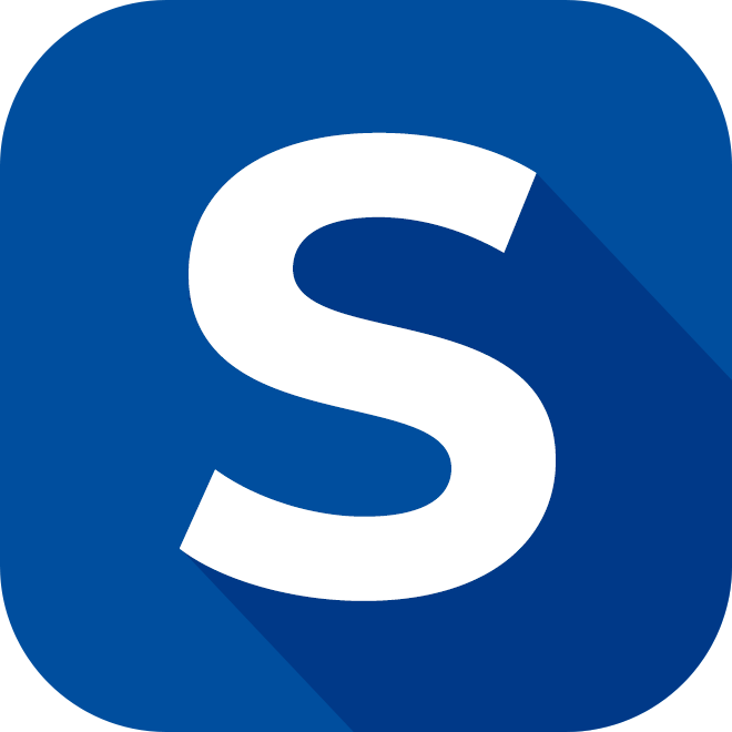A white capital letter S in front of a blue background.