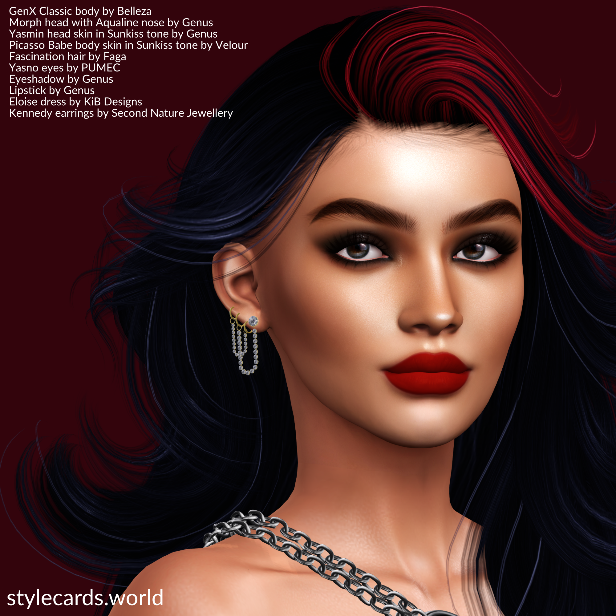 A headshot of Zuleyha Turan shows her with long black hair with red highlights while standing in front of a dark red backdrop. Her eyeshadow is dark and smokey and her lips are bright red. Her right ear is revealed to show off earrings with dangling strings of tiny pearls along with small gold hoops and a diamond stud.