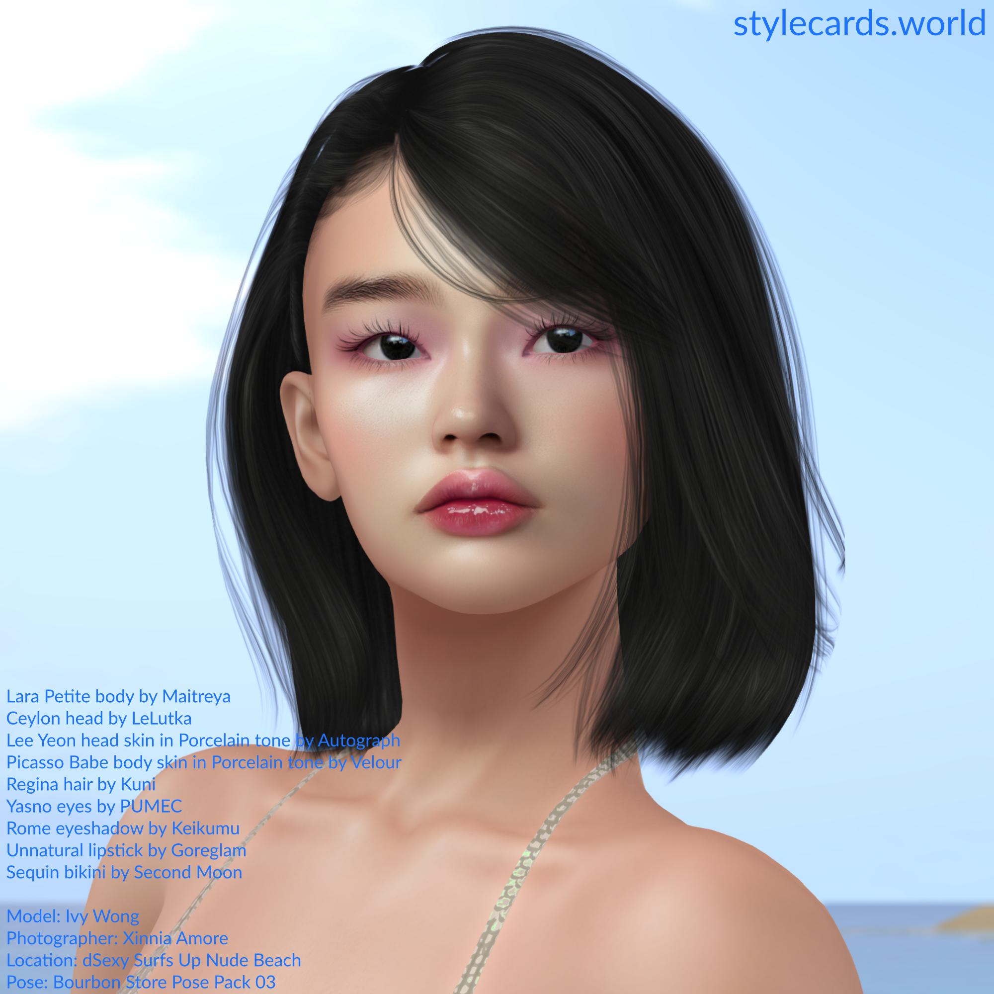 A headshot of Ivy Wong standing at a beach with a sea in the background behind her. She has black hair that barely reaches her shoulders, and we see some strings for her bikini top. She has glossy, pale pink lips and subtle hints of pink eyeshadow around her eyes.
