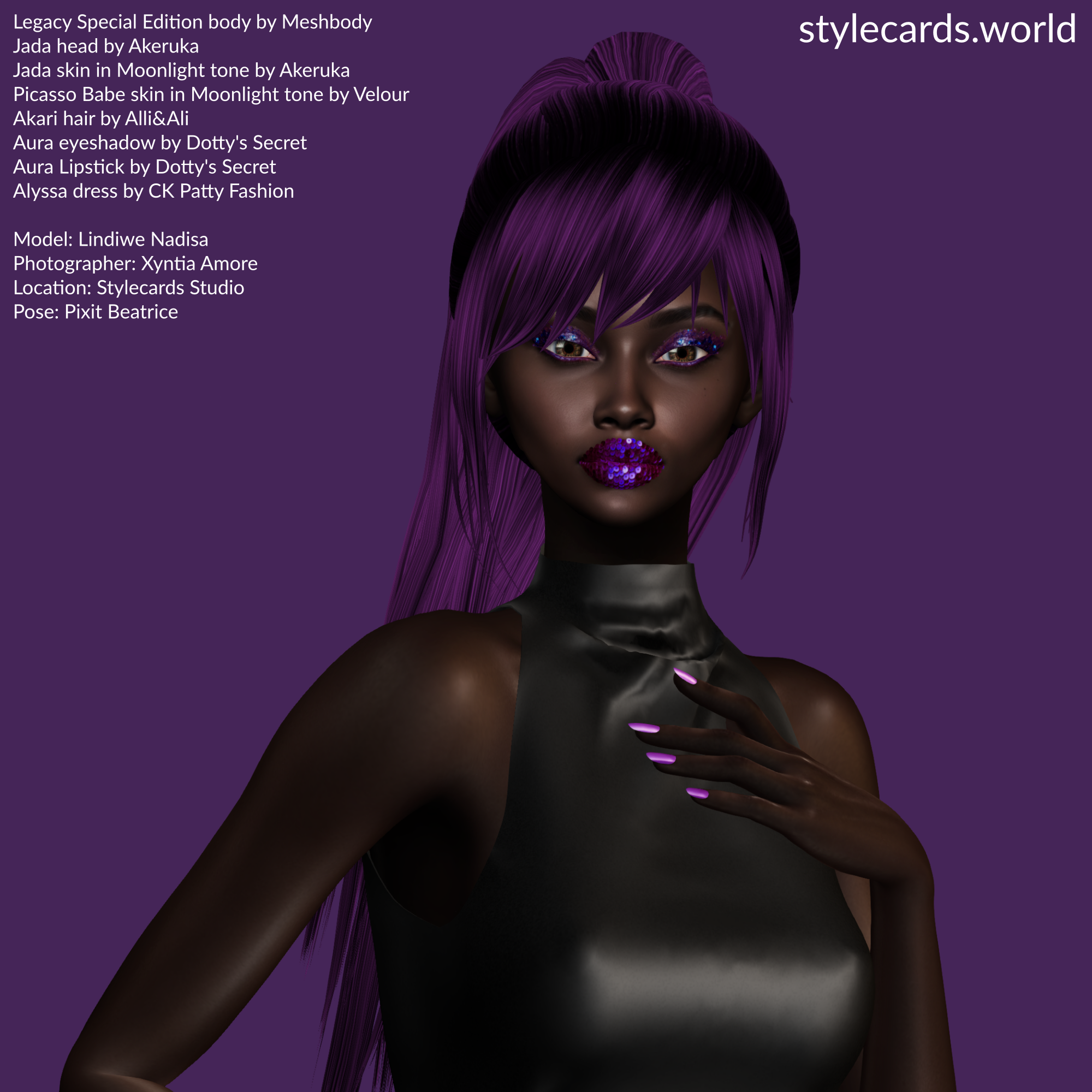 Model Lindiwe Nadisa is in the studio, standing in front of a purple backdrop which compliments her purple cosmetics and purple-and-black hair. The photo is a headshot and shows she's wearing a sleeveless little black dress.