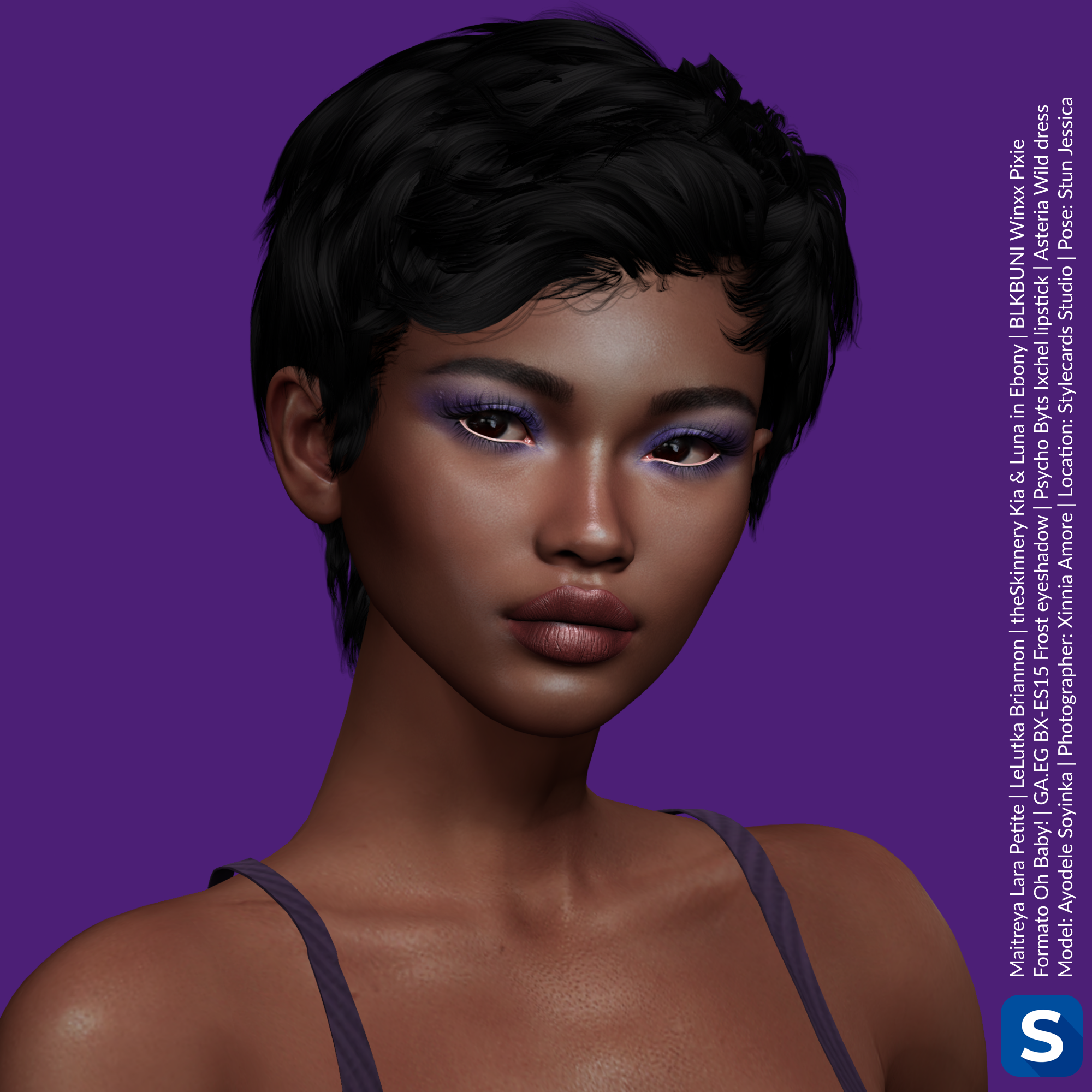 A closeup photo of Ayodele Soyinka as she poses in front of a purple backdrop. She has short black hair, purple eyeshadow, and metallic burgundy lipstick.