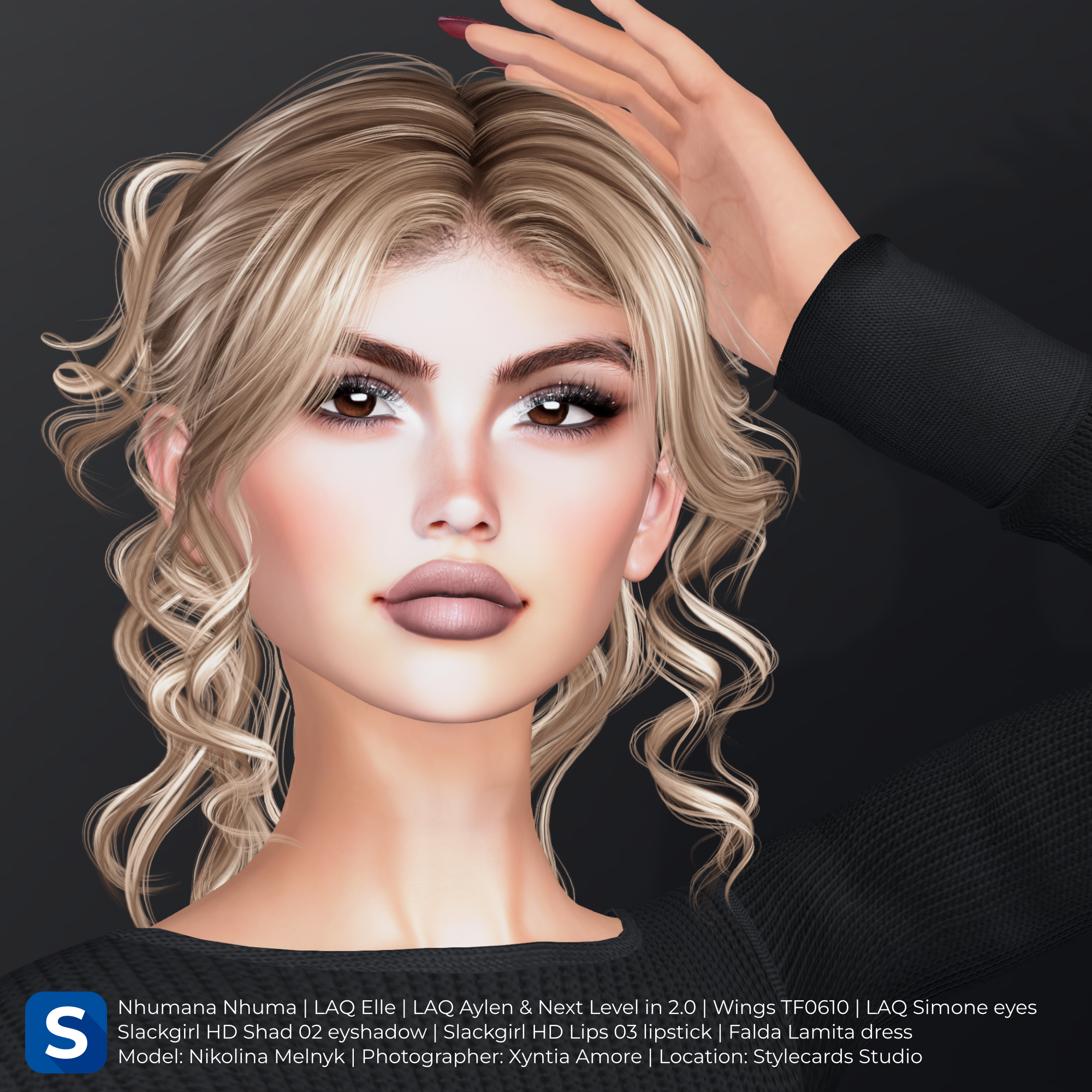 A headshot of Nikolina Melnyk wearing a black sweaterdress while standing in front of a dark grey backdrop. She has ringlets of blonde dangling below her temples, mauve lipstick, and dappled eyeshadow.