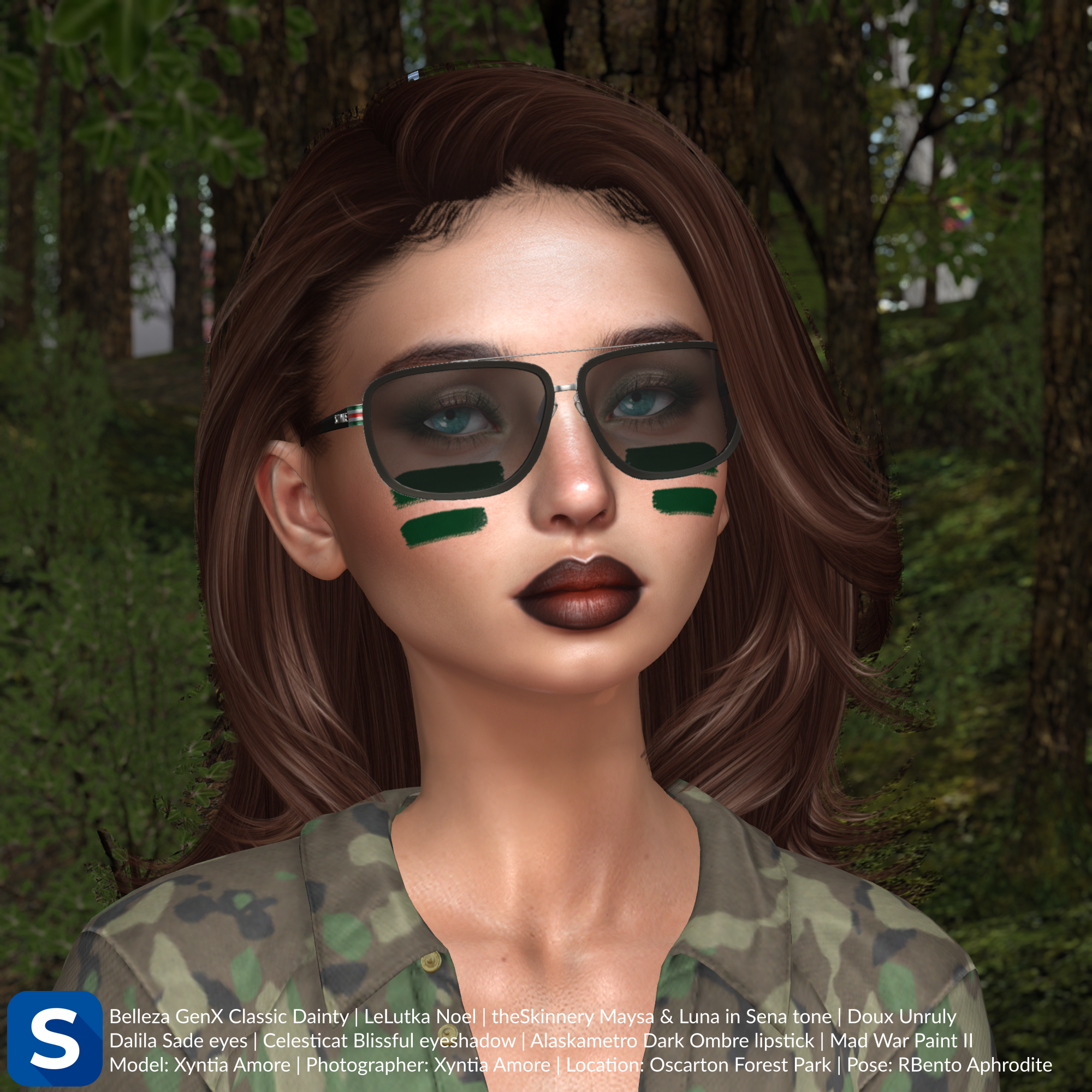 A headshot of Xyntia Amore standing in a forest while wearing a camo jumpsuit, dark green war paint, and sunglasses.