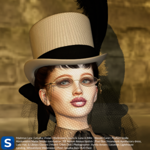 A headshot of Chloe Doll standing in front of a stone wall. She is wearing a beige blouse under a dark brown pinafore and black ribbon as a tie.On her head is a beige top hat with a wide black headband and black feather. Her face is adorned with brass rimmed steampunk eyeglasses.
