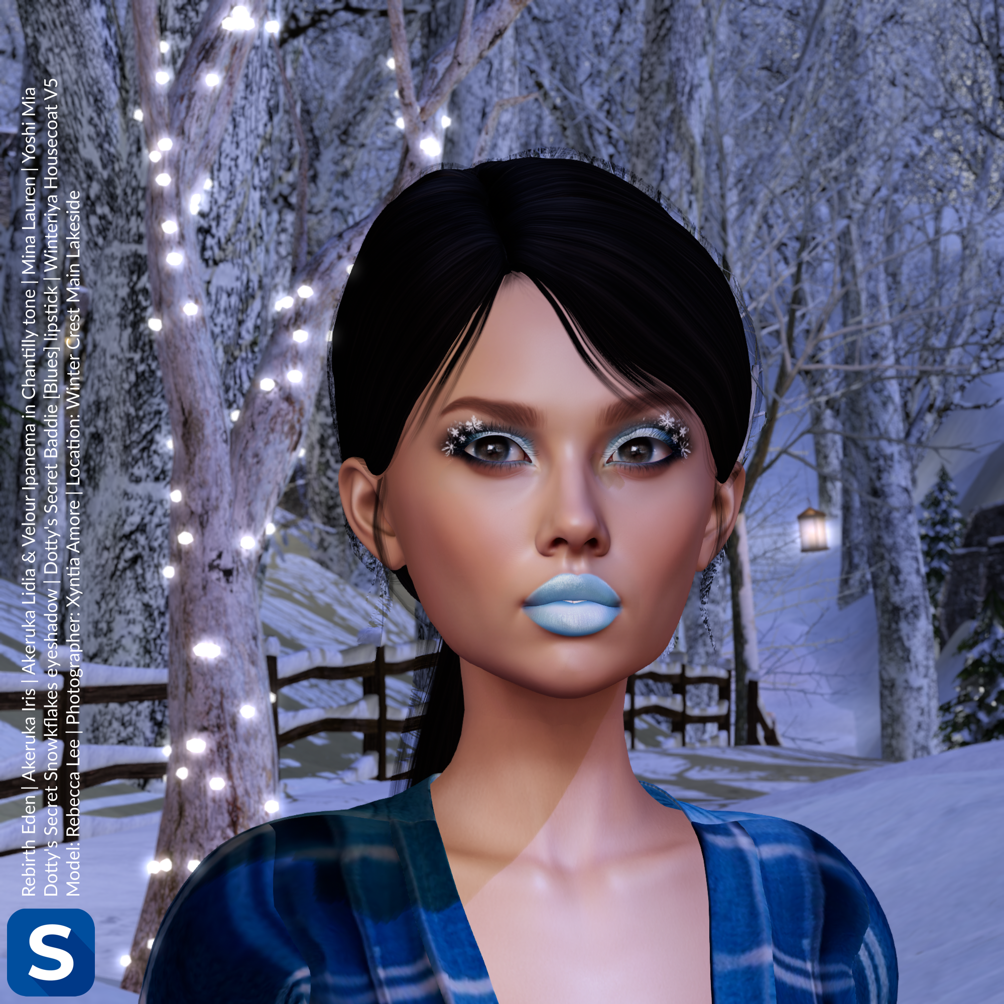 A headshot of model Rebecca Lee shows her in a snowy scene at Winter Crest Resort. Behind her are snow covered paths and some snow capped trees. She has long black hair in a ponytail and is wearing a blue plaid dress. Her lips have pale blue lipstick while her eyeshadow is matching pale blue with some black accents and white snowflakes applied on the outer corners.