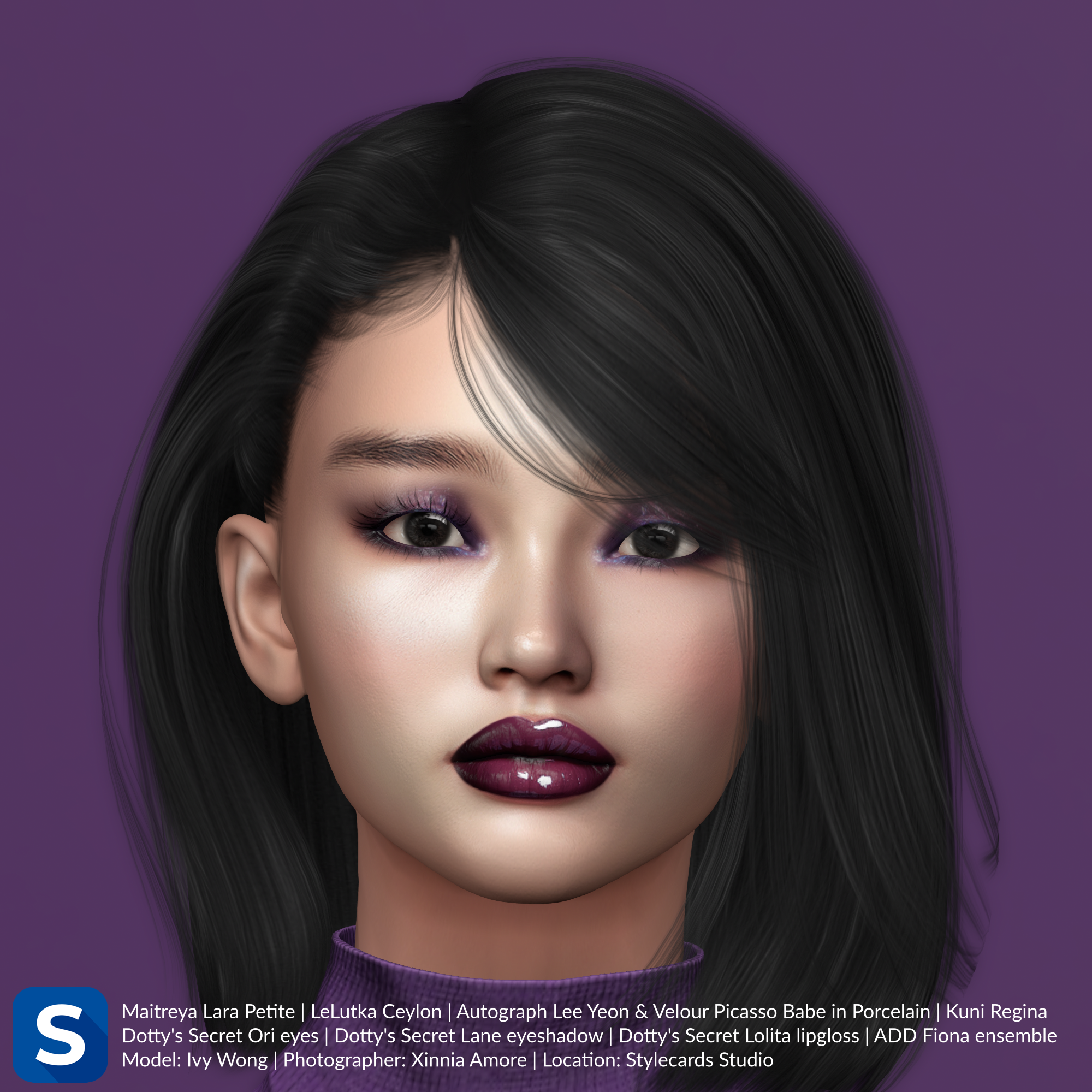 A headshot of Ivy Wong standing in front of a purple backdrop. She has long straight black hair and is wearing a purple sweater. Complimenting this are her purple lipgloss and eyeshadow.