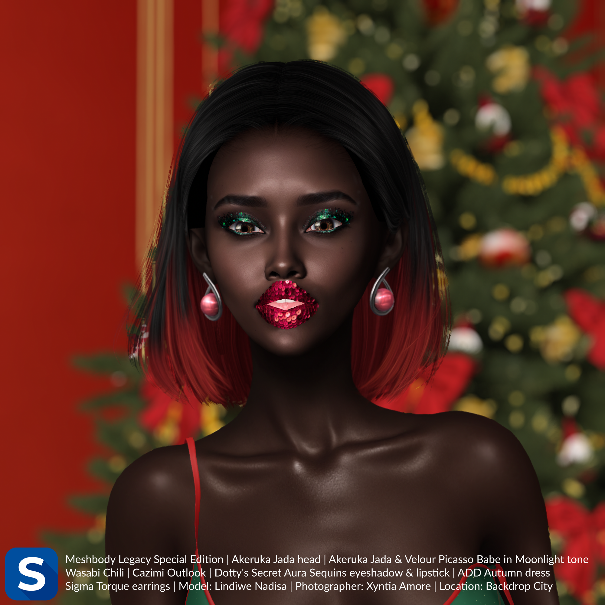A headshot of model Lindiwe Nadisa standing in front of a festive backdrop. She has short black hair with the ends dyed red, silver earrings with red pearls in them, and red sequined lipstick to contrast with her green sequined eyeshadow, both from Dotty's Secret.