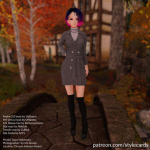 Artificial Idol Gaya Nakamura stands in the Second Life location of Dryad's Autumn Forest, where she is wearing a tweed trenchcoat from CL Blue and some knee high black boots by Arti's.