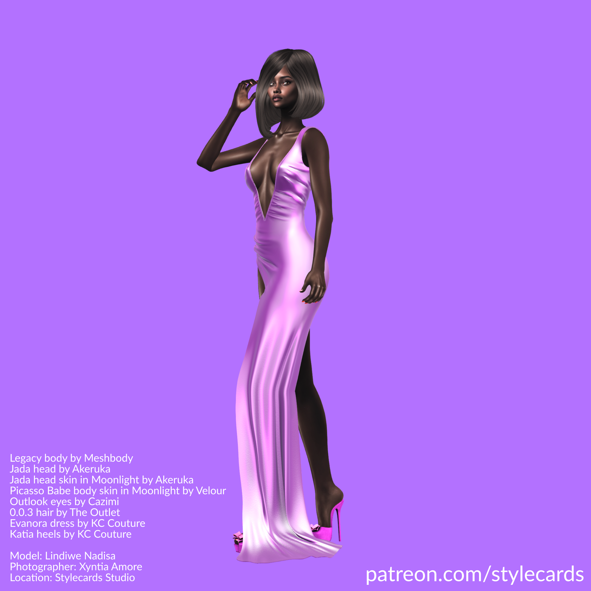 Lindiwe Nadisa is wearing a full length dress with a plunging neckline. The fabric is satiny and the color of lilacs, matching the pale purple backdrop she is standing in front of.