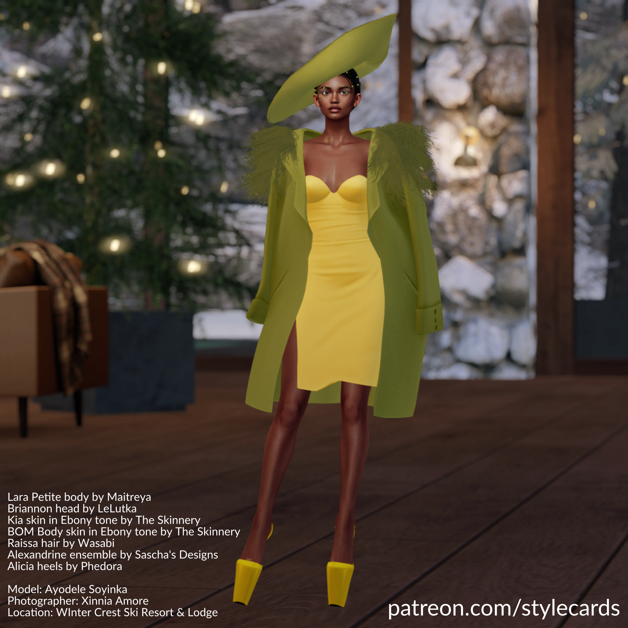 Ayodele Soyinka is standing in a winter lodge with pine trees and a snowy landscape in the background. She is wearing a yellow dress topped by a green jacket with fur trim and a matching green hat.