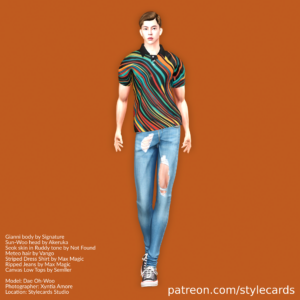 Dae Oh-Woo is wearing a black polo shirt with multicolor stripes along with some ripped and faded jeans, both from Max Magic. A pair of canvas low top sneakers finishes the look.