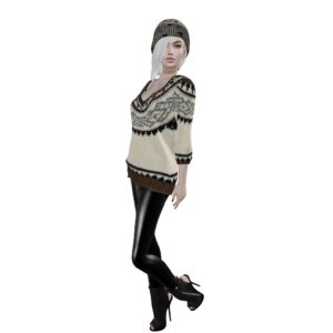 A photo of Xyntia Amore in the studio wearing a loose fitting Fair Isle style sweater, black leggings, and high heels ankle boots. She has shoulder length white hair, on top of which is a grey winter beanie.