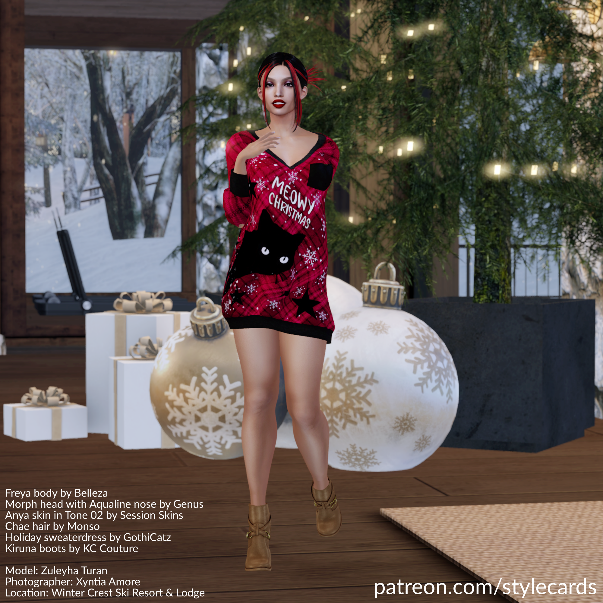 Zuleyha Turan is standing in front of a Christmas display at Winter crest Ski Resort & Lodge. She is wearing an oversized sweater with a red-and-black plaid pattern with a black cat displayed on the front, along with the words 'Meowy Christmas'. She is also sporting a pair of tan Kiruna ankle boots from KC Couture.