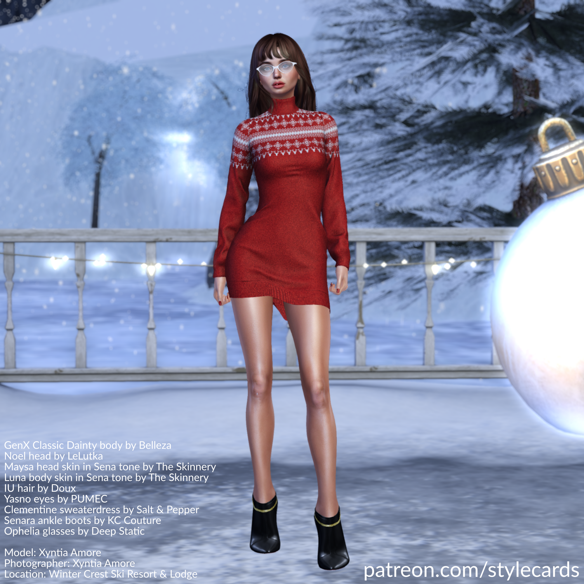 Xyntia Amore is standing in a gazebo at Winter Crest Ski Resort & Lodge. In the background are pine trees and snow is falling. She is wearing a red sweaterdress with dozens of white snowflake shapes near the shoulders. Her feet are kept warm in a pair of black Senara ankle boots from KC Couture and her vision is improved with Ophelia glasses from Deep Static.