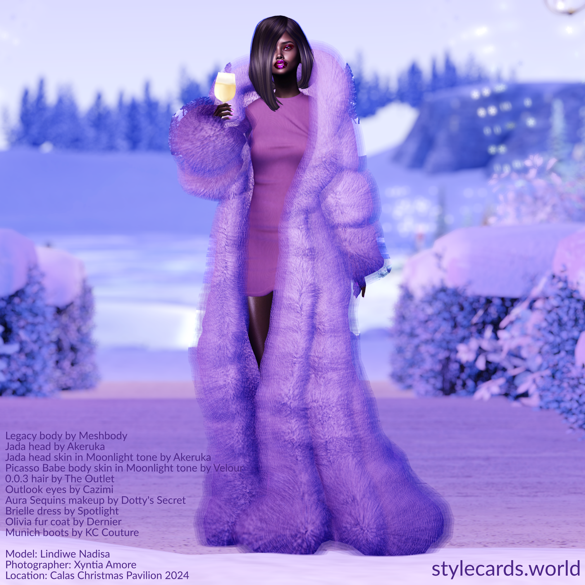 Lindiwe Nadisa is wearing a purple fur coat over a purple minidress as she stands at Calas Christmas Pavilion 2024 and holds a glass of champagne. Behind her is a frosty scene with a pond covered in ice and evergreen trees covered in snow.