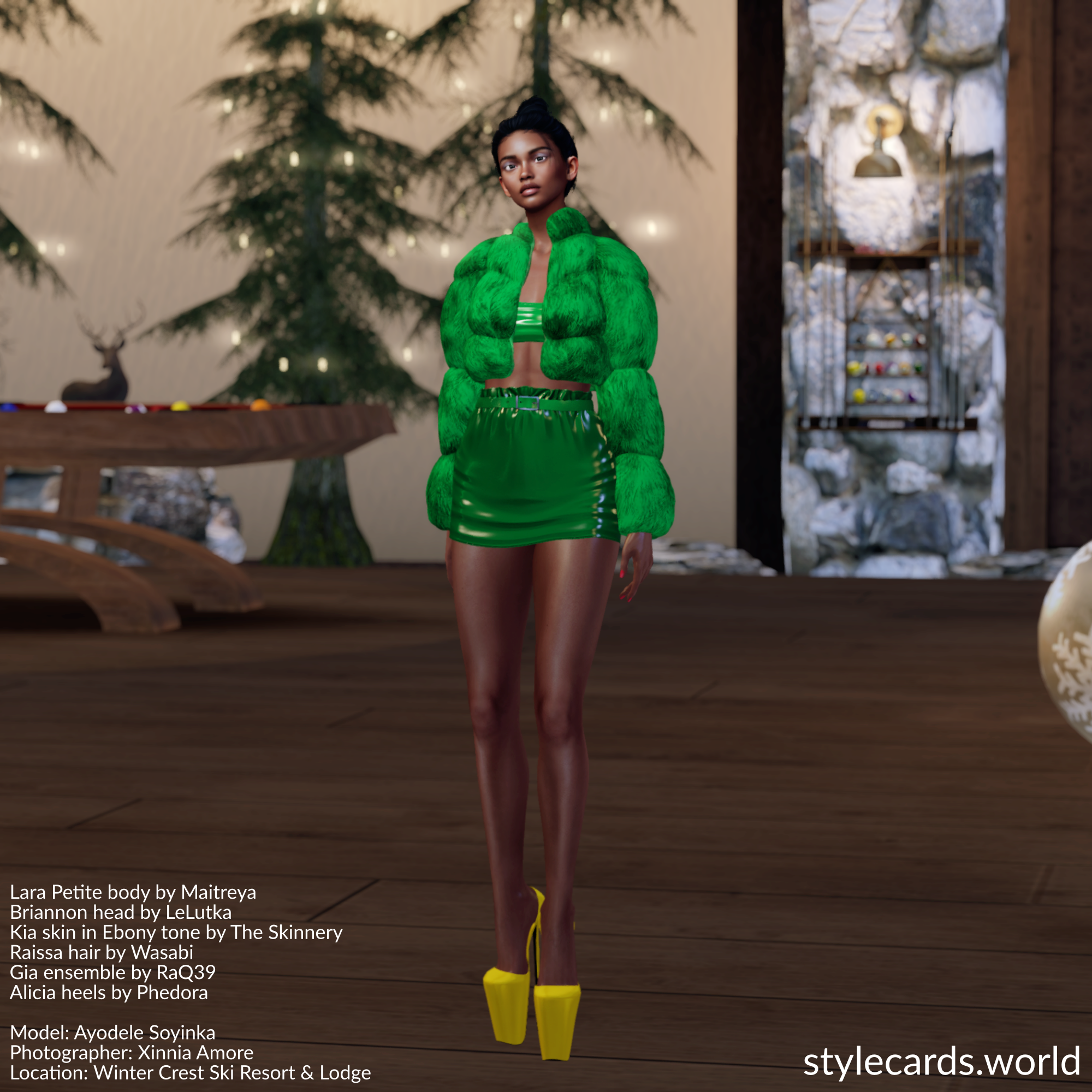 A photo of Ayodele Soyinka wearing a green fur coat over a matching top and skirt in latex, while her feet are adorned with a pair of very tall high heels in yellow from Phedora.