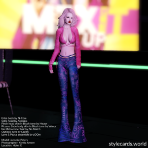 Janneke Peters is standing on the outdoor seating area for Voice Club X in Hotel X. The word "love" is written on her blue jeans several times and in different colors. Her top is revealing, but has long sleeves.