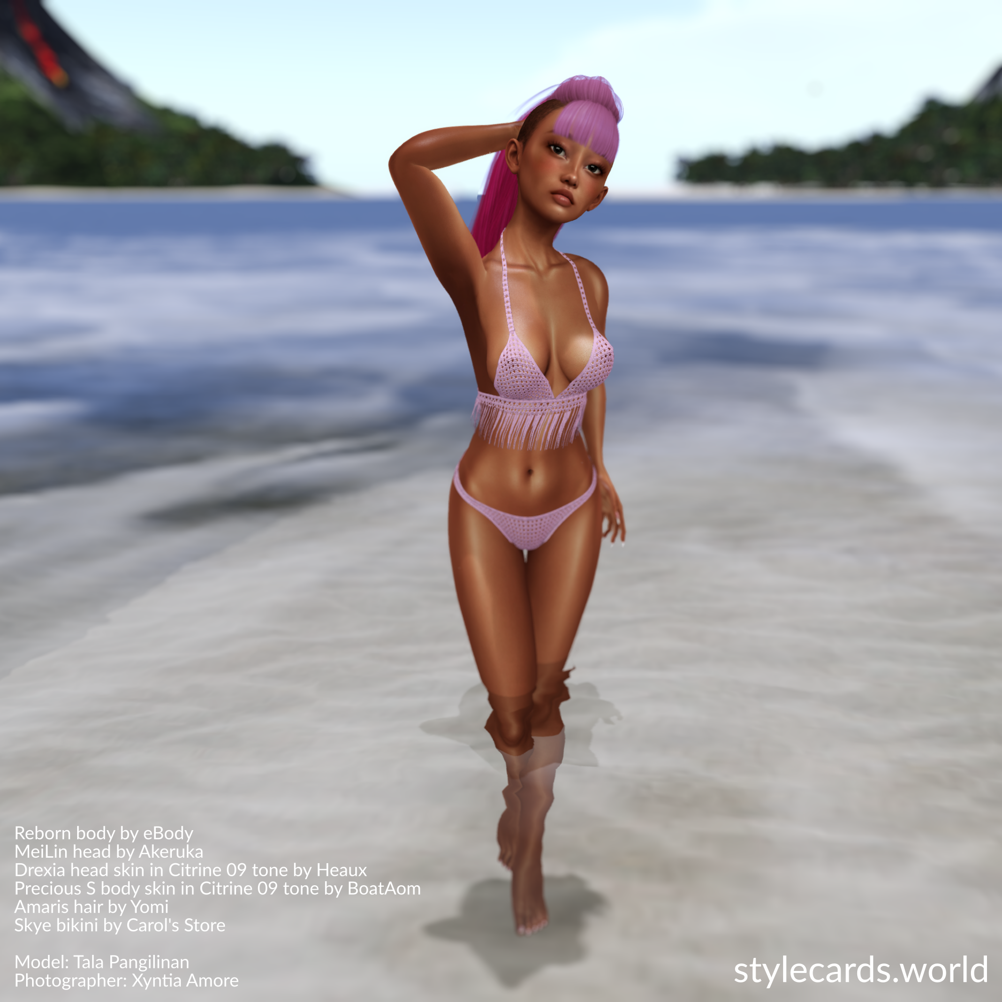 Model Tala Pangilinan is standing in the water at a beach. She is wearing a pale pink crochet bikini from Carol's Store which compliments her long pink hair.