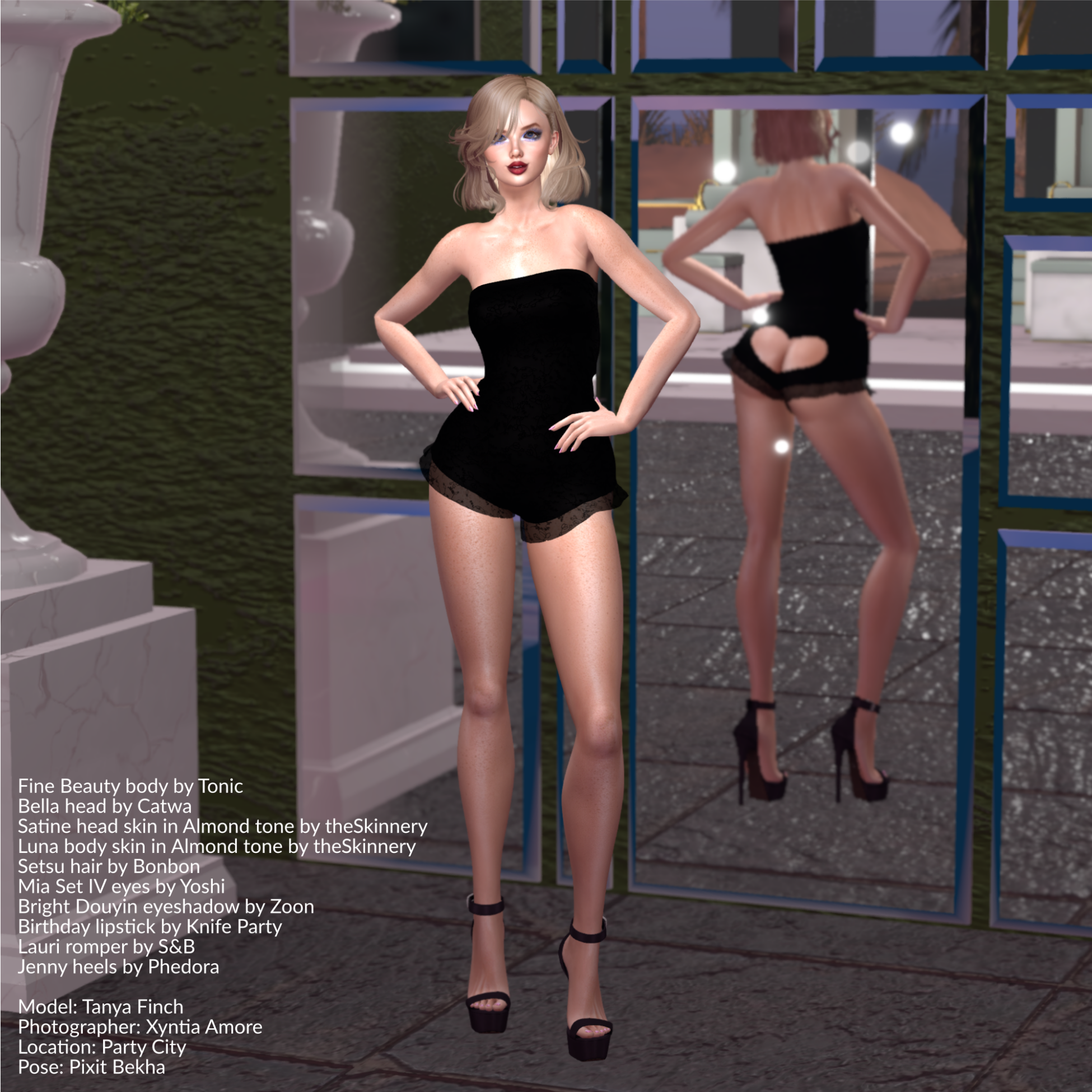 Tanya Finch is wearing a black romper while standing in front of a mirror which reveals a heart-shaped cutout section on the back of the garment, strategically placed over the derriere.