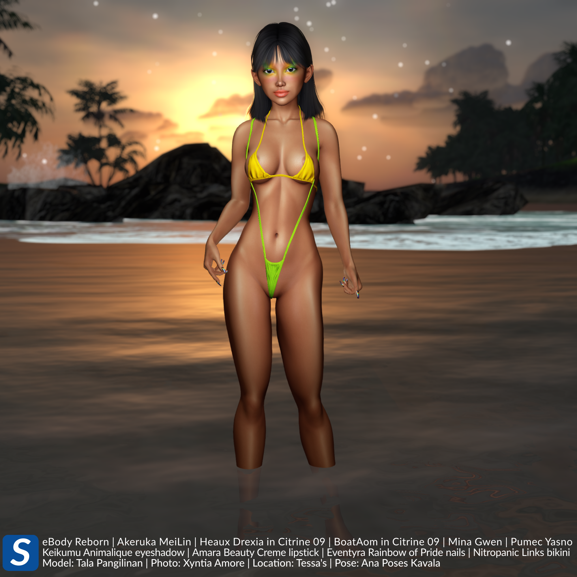 Model Tala Pangilinan stands in some ankle deep water at the beach while the sun is setting behind her. She is wearing a bright yellow bikini top with a bright green slingshot bikini bottom.