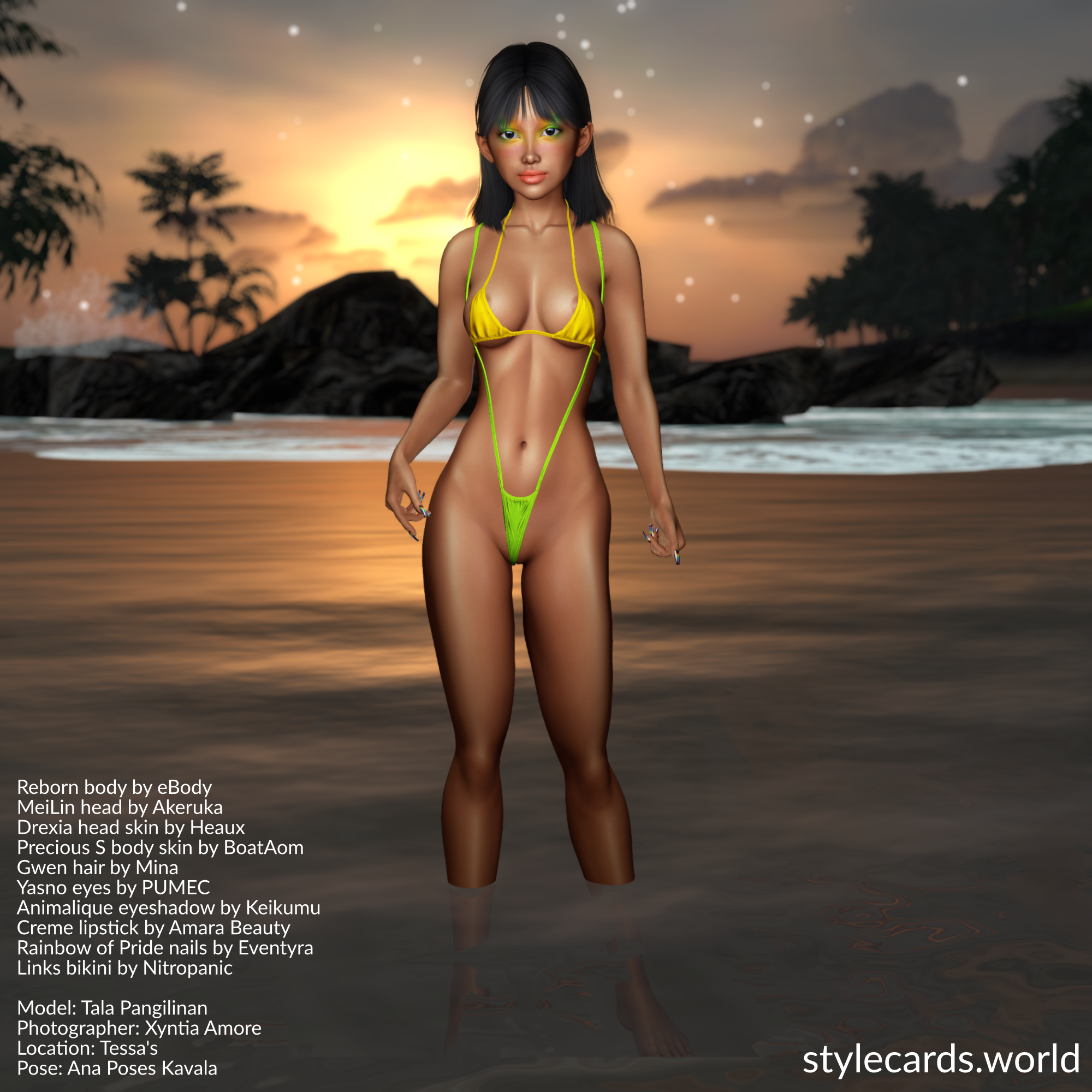 Model Tala Pangilinan stands in some ankle deep water at the beach while the sun is setting behind her. She is wearing a bright yellow bikini top with a bright green slingshot bikini bottom.