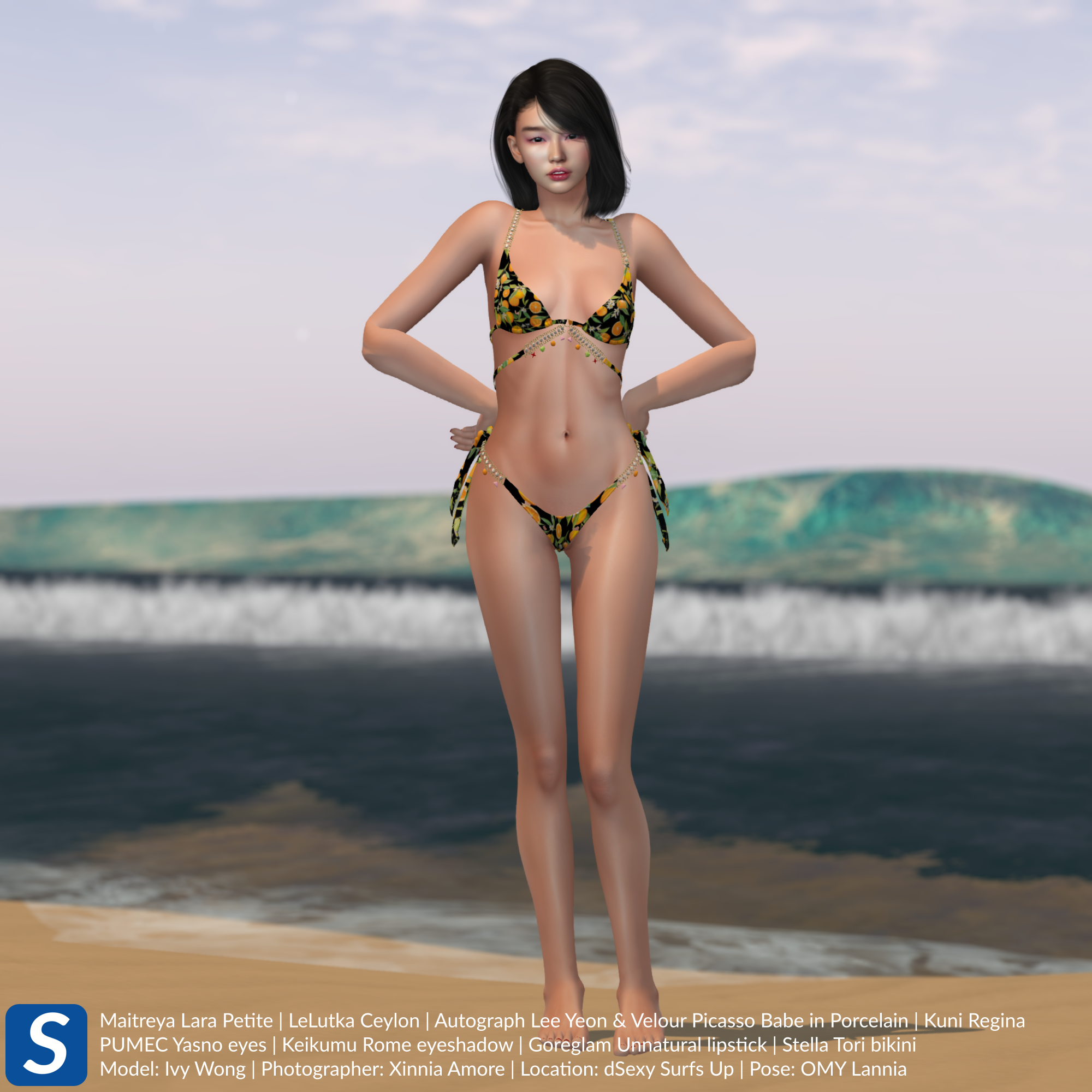Model Ivy Wong is standing at the beach with her arms akimbo. She has short black hair and is wearing a black and orange bikini from Stella. Behind her is a wave suitable for surfing.