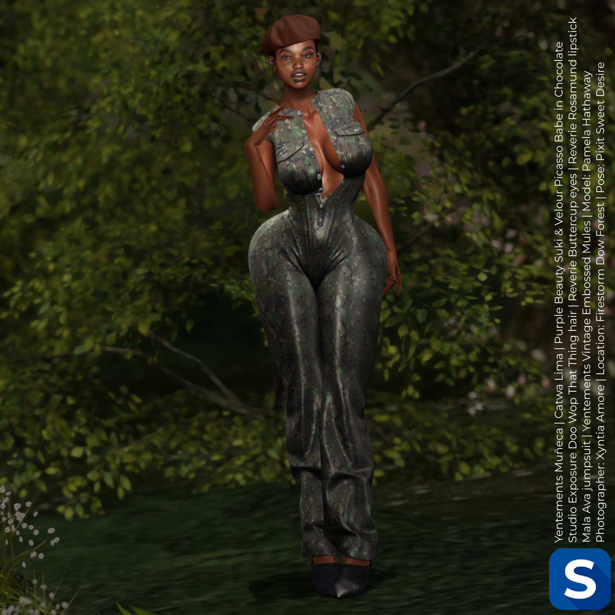 A photo of Pamela Hathaway wearing a camo jumpsuit while standing in front of some bushes. She has black shoes on her feet and a brown beret on her head.