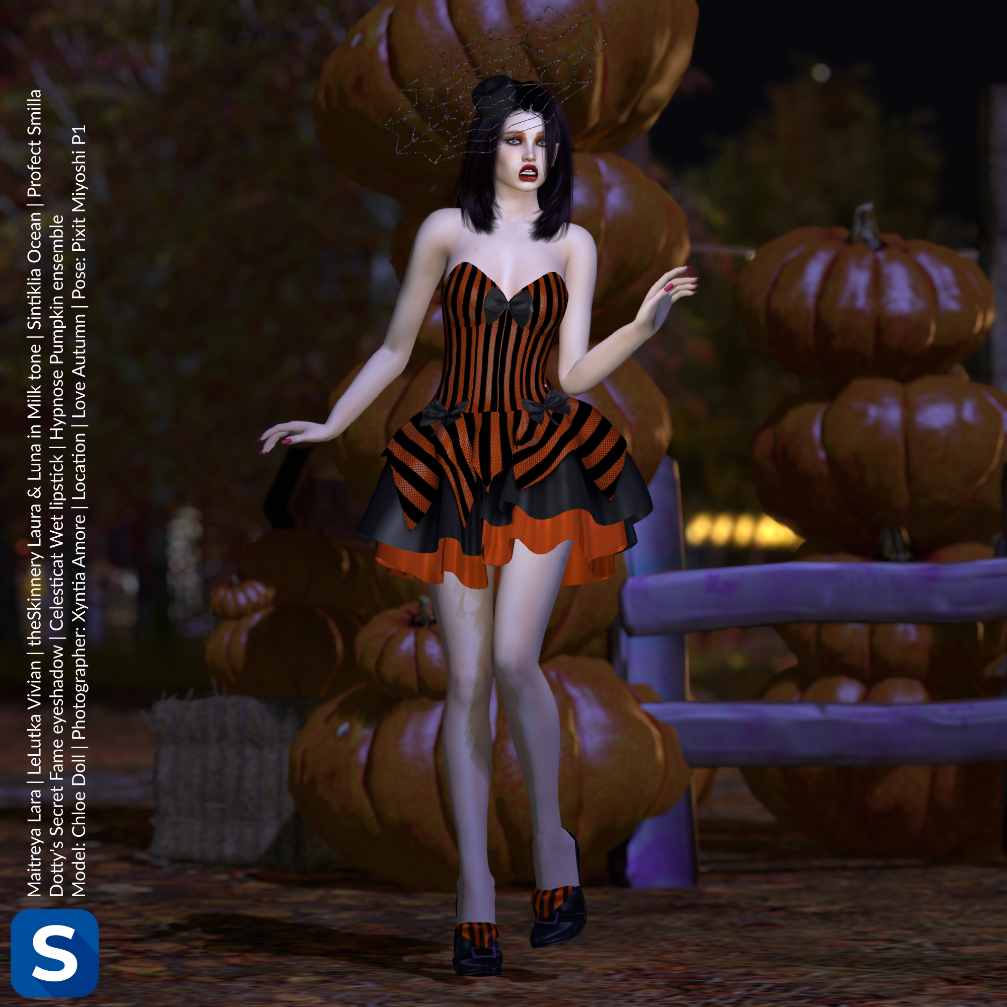 Model Chloe Doll is standing in front of a tower of pumpkins while wearing an orange-and-black dress with matching shoes and a spider-web inspired hat. She has shoulder length brown hair and her facial expression is one of fright.
