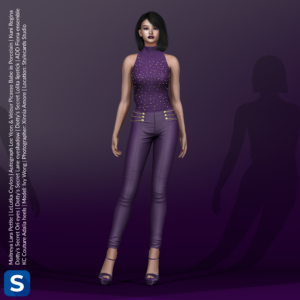 Model Ivy Wong stands in front of a purple backdrop while wearing a purple sleeveless top, trousers, and high heels. Her hair is black and reaches her neck, while her makeup is suitably purple.