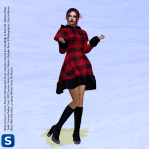 Zuleyha Turan poses on a ski slope at Winter Crest Resort in Second Life. She is wearing a red-and-black plaid winter coat and black leather boots. Her hair is short and black with streaks of red.