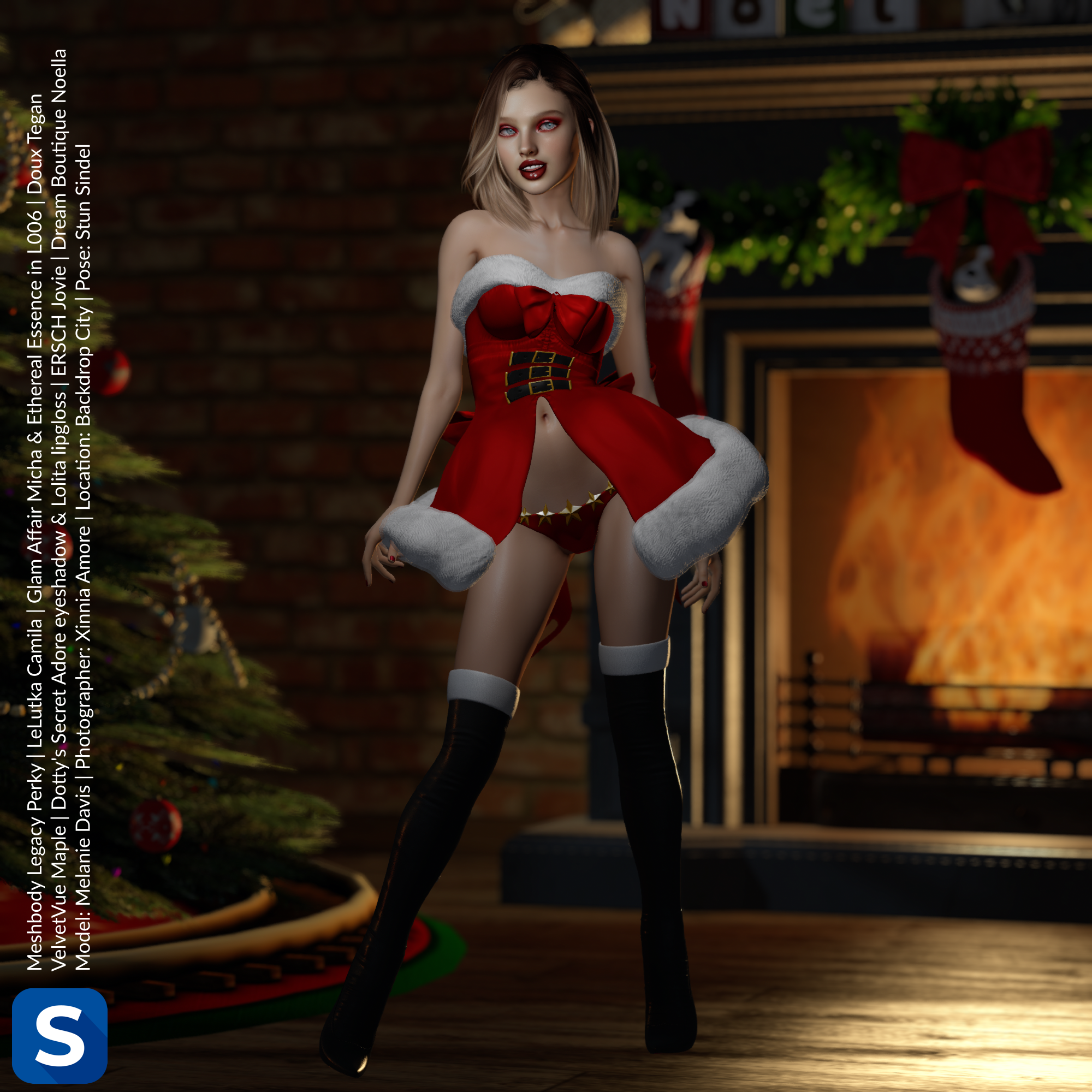 Model Melanie Davis stands in front of a fireplace and Christmas tree at Backdrop City in Second Life. She is wearing a red sleeveless minidress trimmed with white fur and red panties trimmed with gold stars. Her feet and legs are covered in a pair of black thigh high boots with white fur trim at their tops. Melanie's smiling face is complimented by red eyeshadow and red lipstick from Dotty's Secret, while her hair is Doux Tegan.