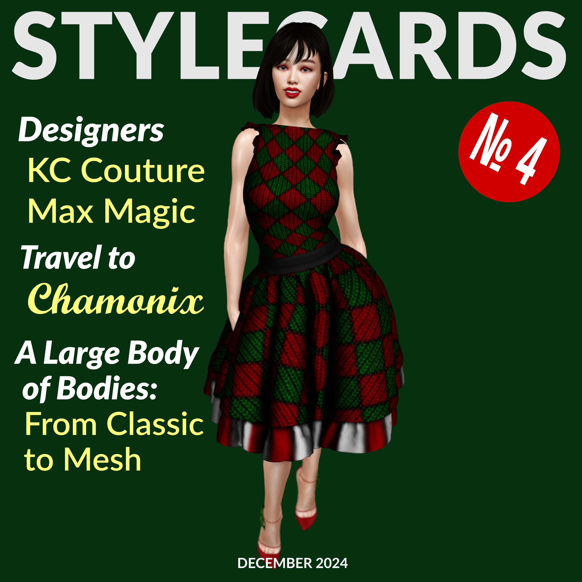 Stylecards № 4 The cover of Stylecards № 4 features Ivy Wong smiling and standing in front of a dark green backdrop in the studio. She is wearing a red and green sleeveless dress and red high heels.