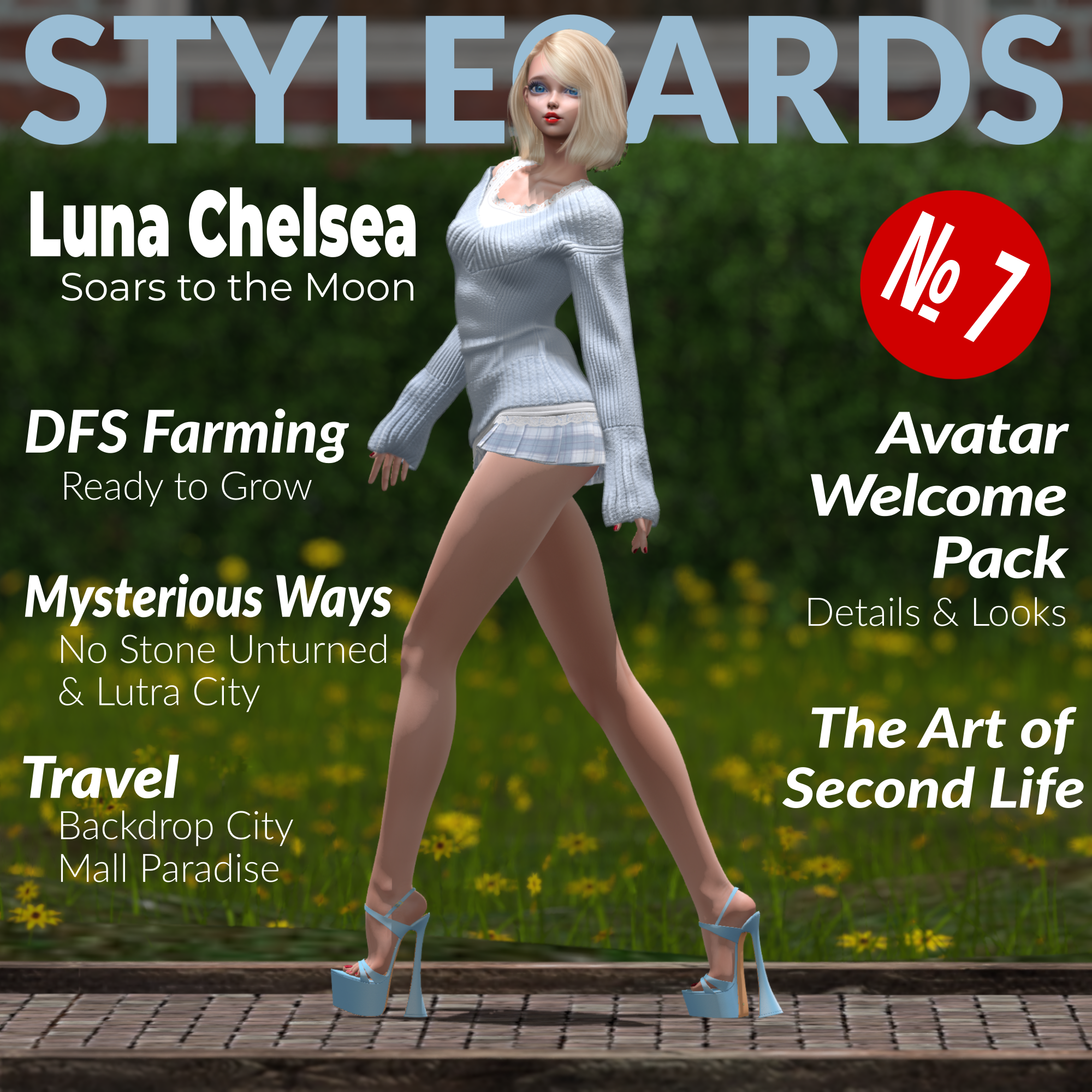 Clémence Loiseau The cover of Stylecards № 7 features Clémence Loiseau strolling along on the campus of St Elizabeth University in Second Life. She is wearing a pale blue sweater with a matching miniskirt and high heels.