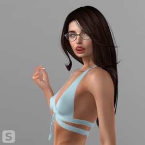 A photo of a woman seen from the side, and from the torso up. She has tortoise-shell eyeglasses, long brown hair, and a pale blue bikini top. Her tong is touching her upper lip in an attempt to look sultry.