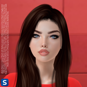 A headshot of a woman wearing a red t-shirt standing in front of a red wall. Framing her face is long brown hair which matches the color of her eyebrows. She has smoky eyeshadow and long black eyelashes while her lips are dusty pink.