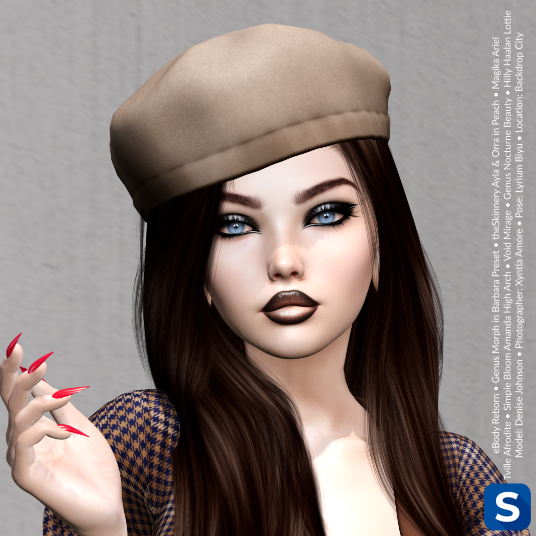 Makeup Monday, August 31, 2026 A headshot of a model standing in front of a concrete wall. She has long brown hair with a beige beret on top of her head, while her jacket has a houndstooth check pattern in beige and dark blue. Her has smokey eyeshadow, long black eyelashes, and dark brown lipstick. Her right hand is raised to her shoulder, revealing bright red fingernails.