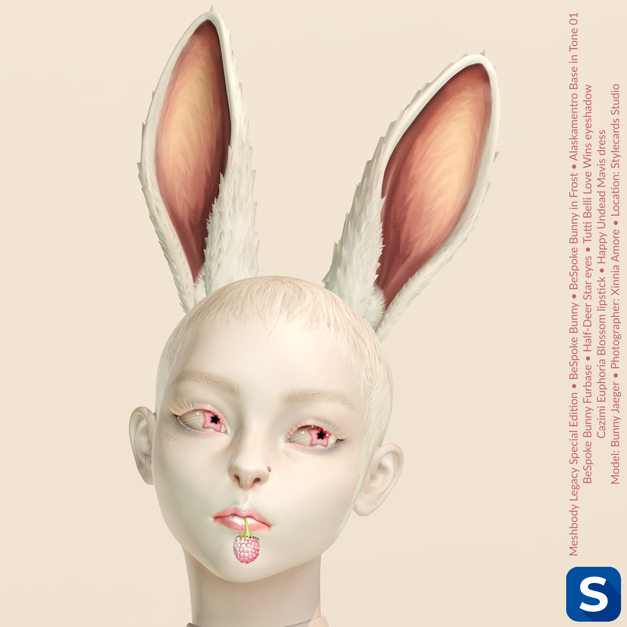 A headshot of a feminine head with a set of bunny ears in addition to human ears. hers skin is pale, as is her hair, but her eyelashes appear pale and barely hide the trans pride themed eyeshadow. Her lips are pale and pink, and hold a sprig with a pale pink raspberry at the end. Her eyes have pink irises in the shape of a five-pointed star.